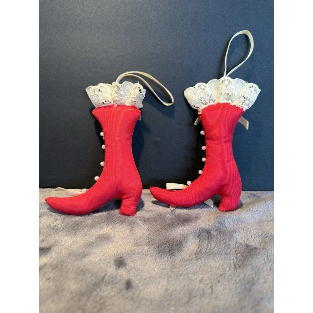 VTG 2 Victorian Red Stilettos High Heel Boot Faux Pearls Lace Christmas Ornament